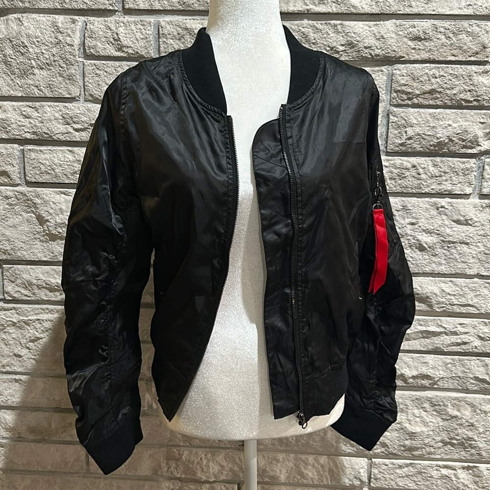 Red Fox black bomber jacket with orange lining